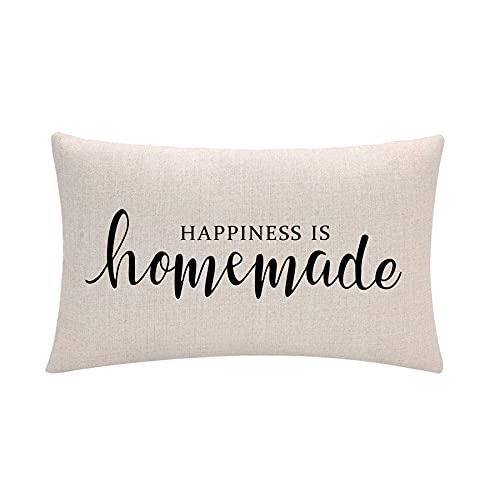 Happiness is Homemade Farmhouse Lumbar Pillow Cover, 12x20 Inch Rustic Decor