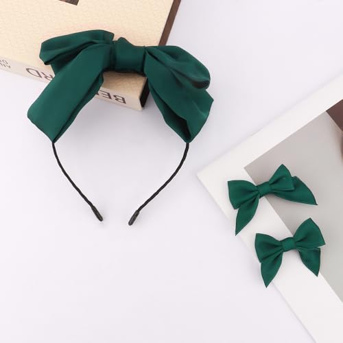 Galuobal Dark Green Satin Hair Bow Headband and Clips Set for Girls