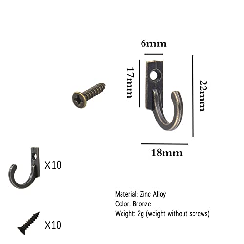 10 Zinc Alloy Antique Wall Hooks for Keys, Towels, and Coats - Bronze