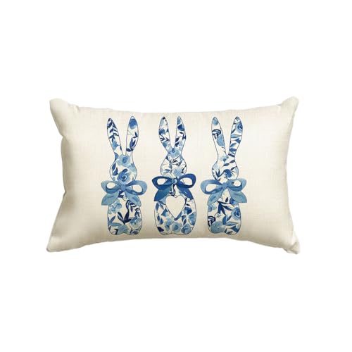 Easter Bunny Throw Pillow Cover - Blue & White Floral Design, 12x20