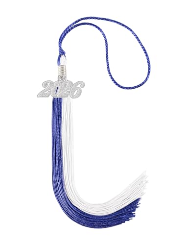 Graduation Tassel 2026 Royal Blue and White with Silver Year Charm 9 Inch