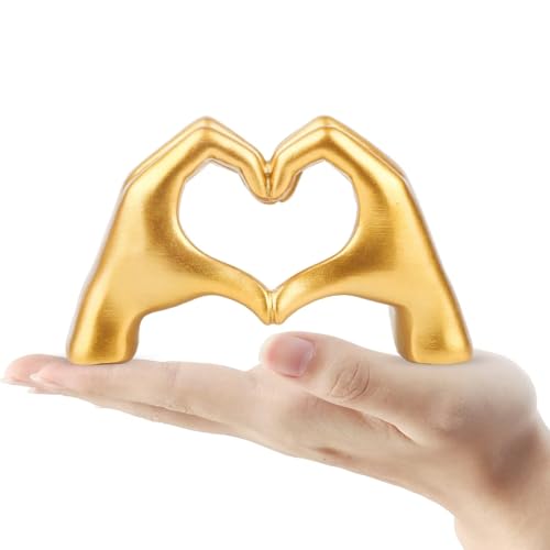 Gold Resin Heart Hands Sculpture - Modern Love Finger Statue