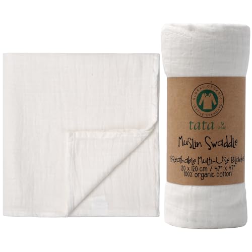 TATA AMG Pure White Organic Muslin Cotton Baby Swaddle Blanket - 47x47 Soft & Breathable Receiving Blanket