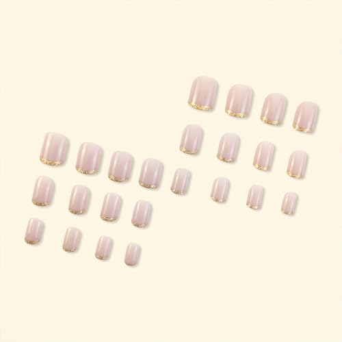 Short Square Press on Nails Gold French Tip Fake Acrylic Nails 24Pcs