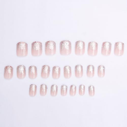Hrnsnails Glitter Ombre Short Square Press on Nails - 24Pcs Sparkly Acrylic False Nails Kit
