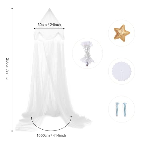 White Bed Canopy with Lights for Kids - Extra Large Dome Mosquito Net