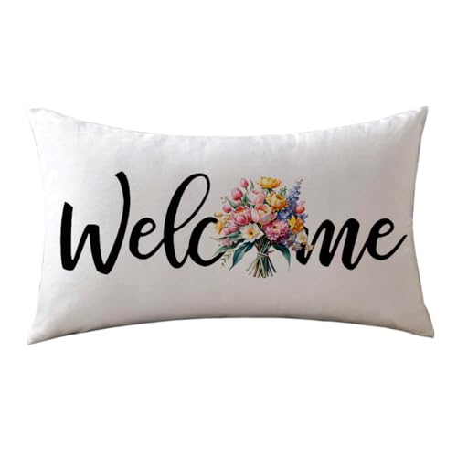 Welcome Floral Lumbar Pillow Cover, 12x20 Inch Watercolor Tulip Cushion Case