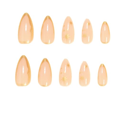 Nude Gold French Star Press On Nails Almond Glossy False Nails