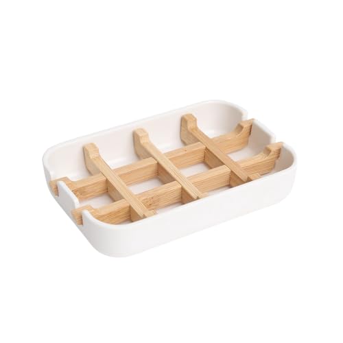 White Bamboo Soap Dish with Detachable Tray - Self-Draining
