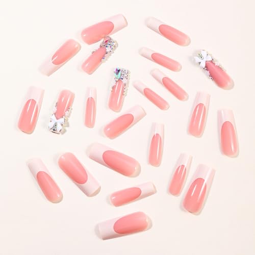 White French Press On Nails Long Square Almond Fake Nails with 3D Bow Rhinestones
