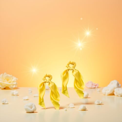 Yellow Satin Ribbon Bow Scrunchies 2-Pack Hair Ties for Ponytails