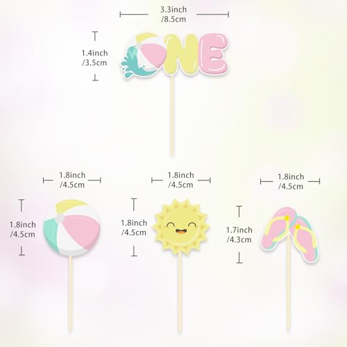 24 Pcs Pink Beach Ball Cupcake Toppers for 1st Birthday