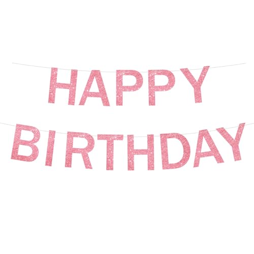 Pink Happy Birthday Banner with Ribbon - Glitter Party Decoration