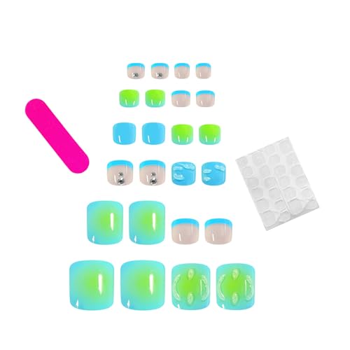Square Press-On False Nails Set Blue French Pattern 24pcs