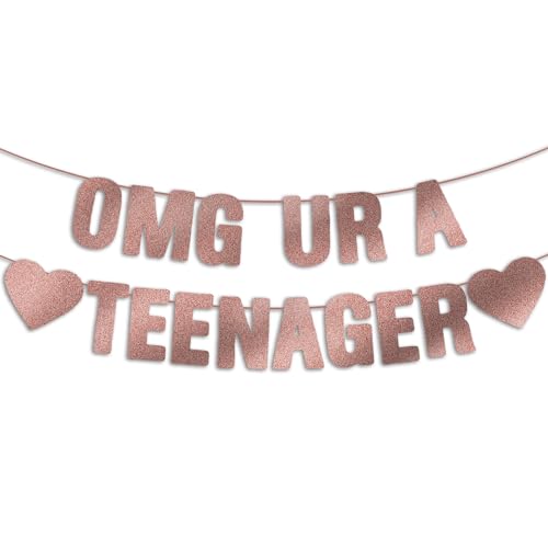 Rose Gold Glitter OMG UR A Teenager Banner - Happy 13th Birthday Decor
