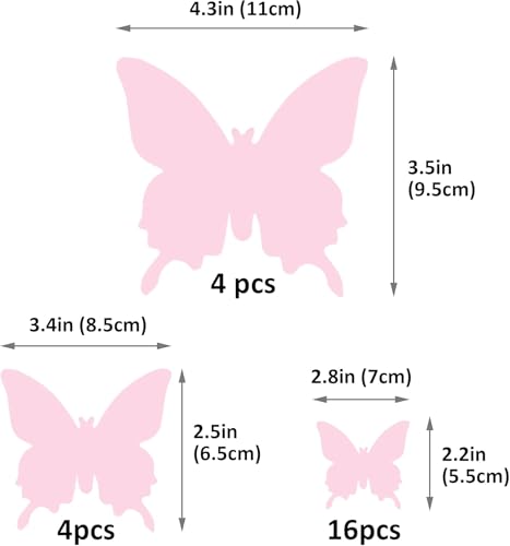 CoCoo 3D Pink Butterfly Wall Decals - 24 Piece Set for Girls' Rooms