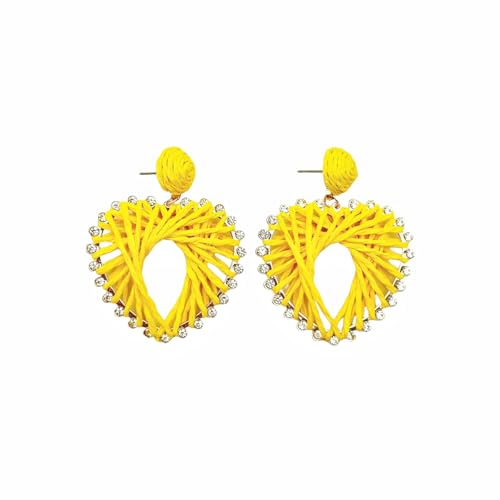 Heart Drop Raffia Earrings for Women - Handmade Dangle Jewelry