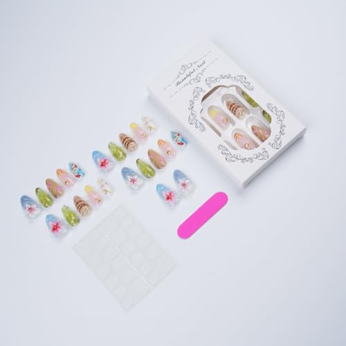 BUNLVDI Handmade Press on Nails Medium Almond 3D Floral Ocean Design