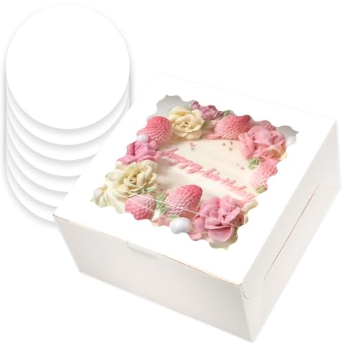 qiqee 10x10x5 White Cake Box Set with Window & 4 Round Cake Boards - 10 Inch Food-Grade Packaging