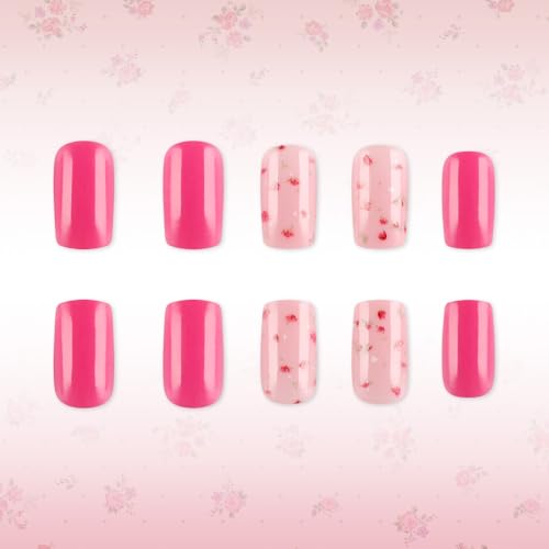 Pink Floral Press on Nails Short Square Fake Nails Set with Glue