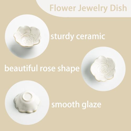 Mecaikru White Ceramic Flower Jewelry Dish - 3.5 in Ring Tray with Gift Box