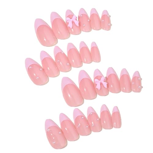 French Tip Press on Nails with Pink Bow Glossy Almond False Nails Kit
