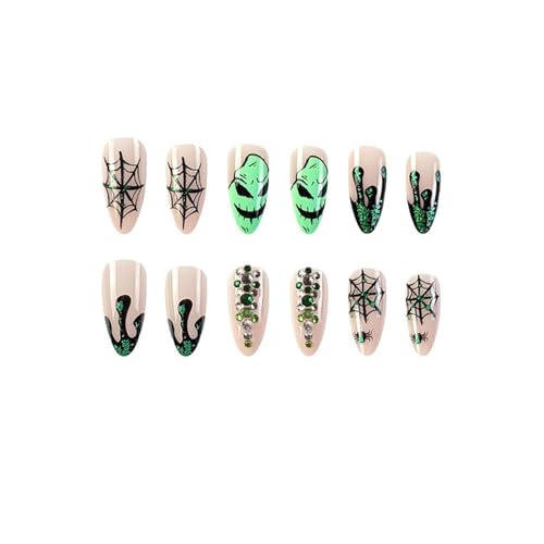 Posyofet Halloween Medium Almond False Nails Green Spider Web Press Ons