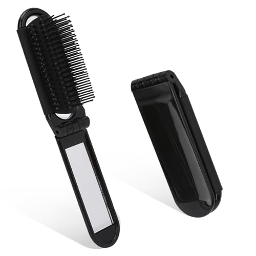 Travel Folding Hair Brush with Mirror, 2-Pack Compact Portable Comb