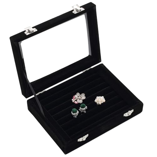 EONGOA 7-Slot Velvet Jewelry Organizer Box with Transparent Lid - Black