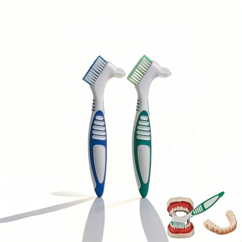 Denture Brush 2-Pack Dual Head Cleaner with Angled Bristles and Non-Slip Handle