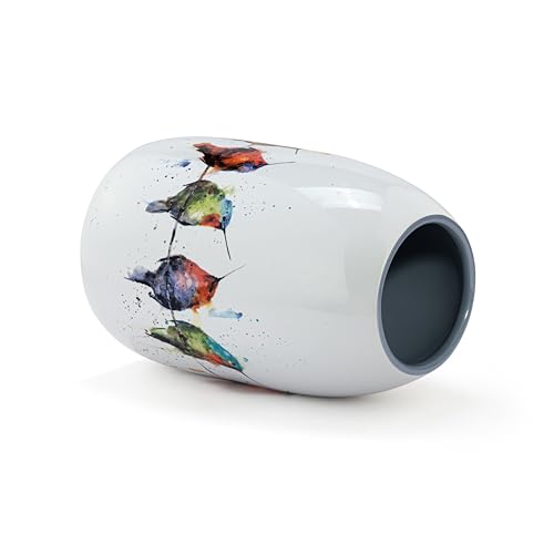 DEMDACO Dean Crouser Collection Watercolor Hummers On A Wire Colorful 7 x 4.5 Stoneware Decorative Bud Floral Flower Vase Container Vessel
