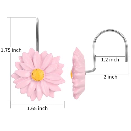 Pink Daisy Flower Shower Curtain Hooks - 12-Piece Anti-Rust Stainless Steel