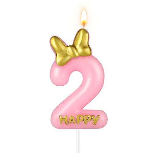 Pink Birthday Number Candle with Bow Knot - 5.8cm Tall