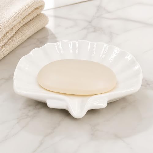 Self-Draining Ceramic Soap Dish - Seashell Design for Bathroom