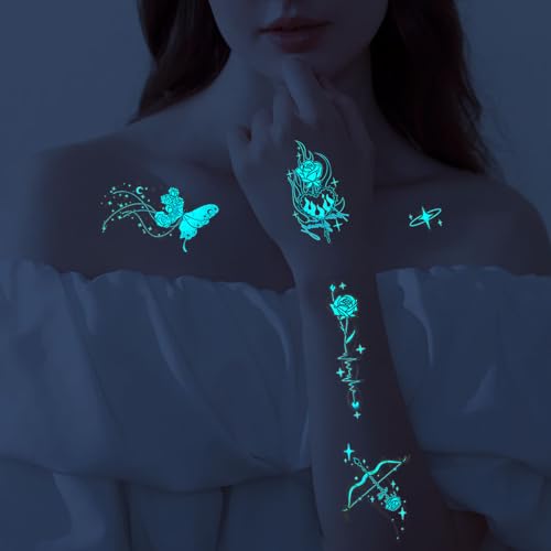 Konsait Glow in the Dark Temporary Tattoos 18 Sheets Flower Butterfly