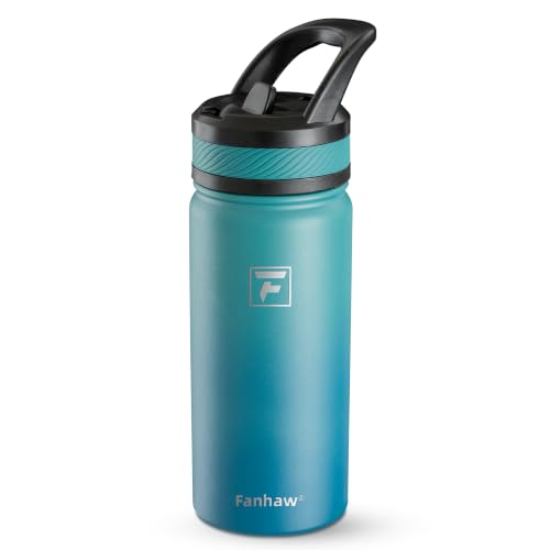 Fanhaw Kids Water Bottle 18 oz Green Blue Insulated Straw Lid BPA Free