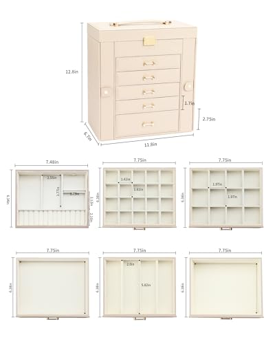 Apricot Jewelry Organizer Box with 6 Layers & Mirror - Large Storage Case for Women