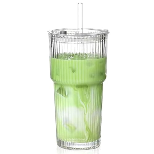 20oz Ribbed Glass Tumblers with Lids & Straws – Clear Ribbed