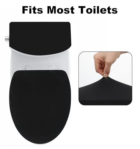 Black Velvet Toilet Seat & Tank Cover Set - Elastic Fit, Washable Bathroom Decor