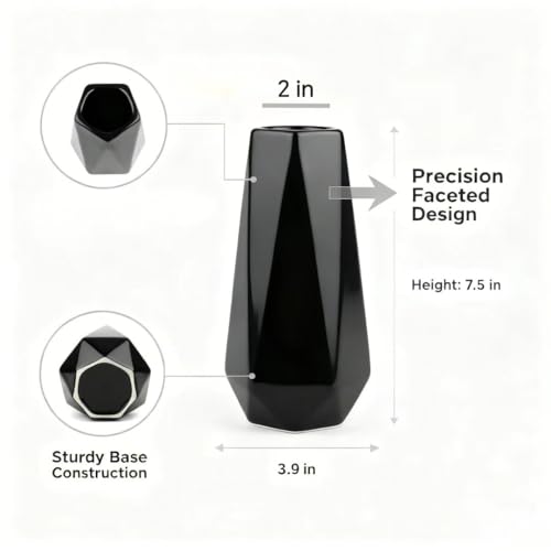 7.5 Inch Black Ceramic Vase - Modern Geometric Design for Home Decor - QEELINBO