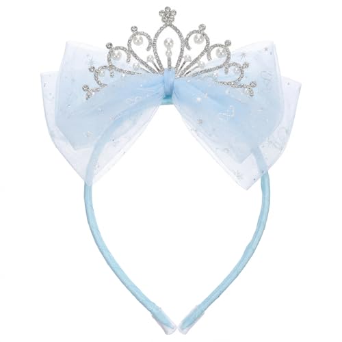 Blue Rhinestone Crown Headband with Tulle Bow for Women Birthday Parties
