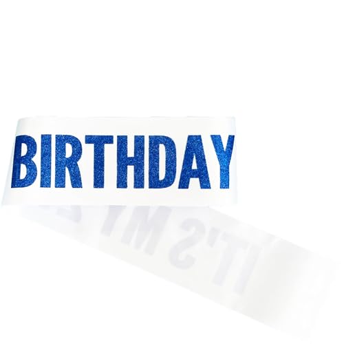 It's My 21st Birthday Satin Sash with Blue Glitter Letters White