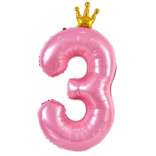 40 Inch Pink Crown Number Balloon for 3rd Birthday Party