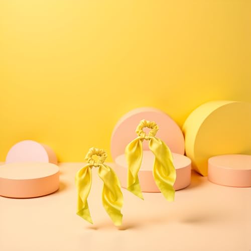 Yellow Satin Ribbon Bow Scrunchies 2-Pack Hair Ties for Ponytails