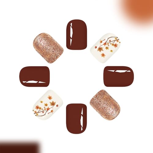 Fall Maple Leaf Press on Nails Short Square Thanksgiving Fake Nails
