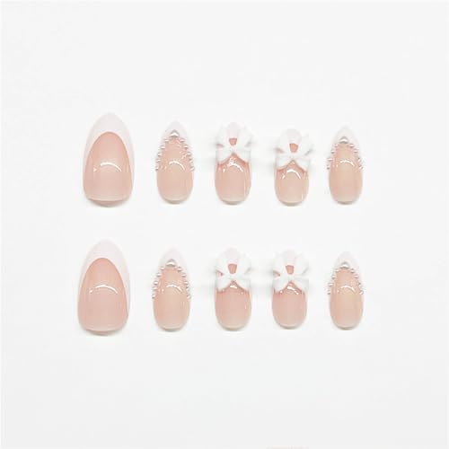 Almond Press on Nails - French Tips with Cute Bow Charms, Nude Pink Acrylic