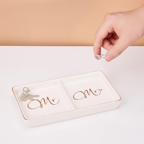 Mr. & Mrs. Ceramic Ring Dish - Engagement Gift for Couples, Wedding Ring Tray