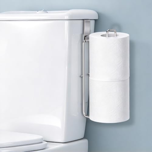 EstZMB Silver Over-the-Tank Toilet Paper Holder with Storage for 2 Rolls, Wall Mount & Adhesive, Small Bathroom Organizer