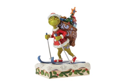 Christmas Grinch Figurine with Skiing & Toy Bag - Handcrafted Holiday Decor