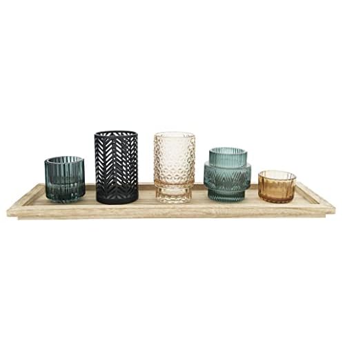 Bloomingville Embossed Glass & Metal Tealight/Votive Holders on Rectangle Wood Tray (Set of 6 Pieces)